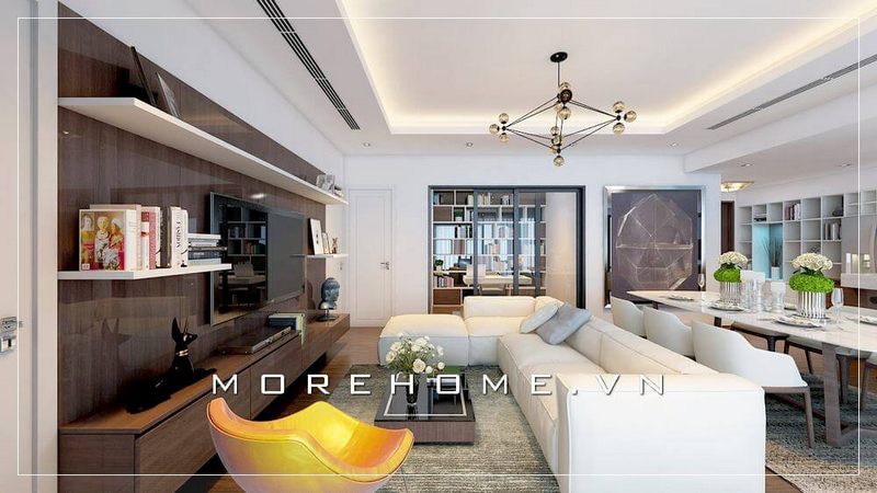 Bộ sofa kiểu góc tối ưu không gian cùng với màu trắng cao cấp của vỏ bọc da sang trọng cho phòng khách căn hộ chung cư hiện đại thêm ấn tượng.